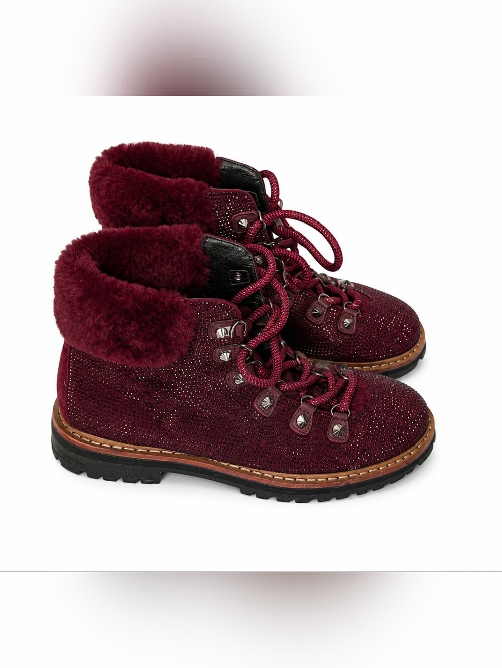 Women's Burgundy Rhinestone Faux-Fur Ankle Boots